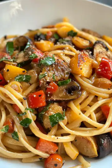 Roasted Vegetable Pasta taken with iphone 15 pro max --iw 2 --ar 4:5 --v 6.1 --raw