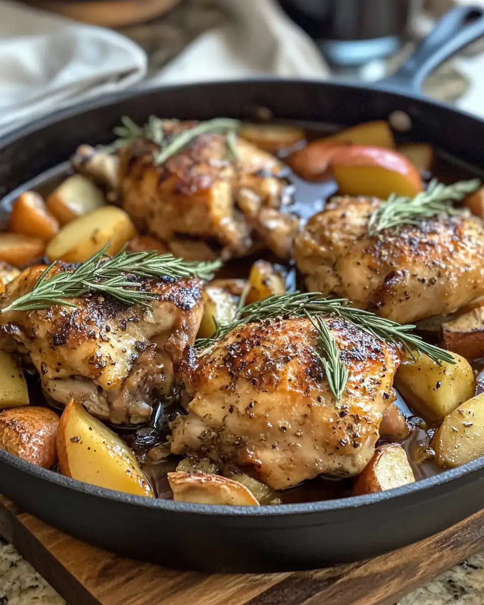 Chopped apples and spices cook together in skillet for rosemary apple cider chicken