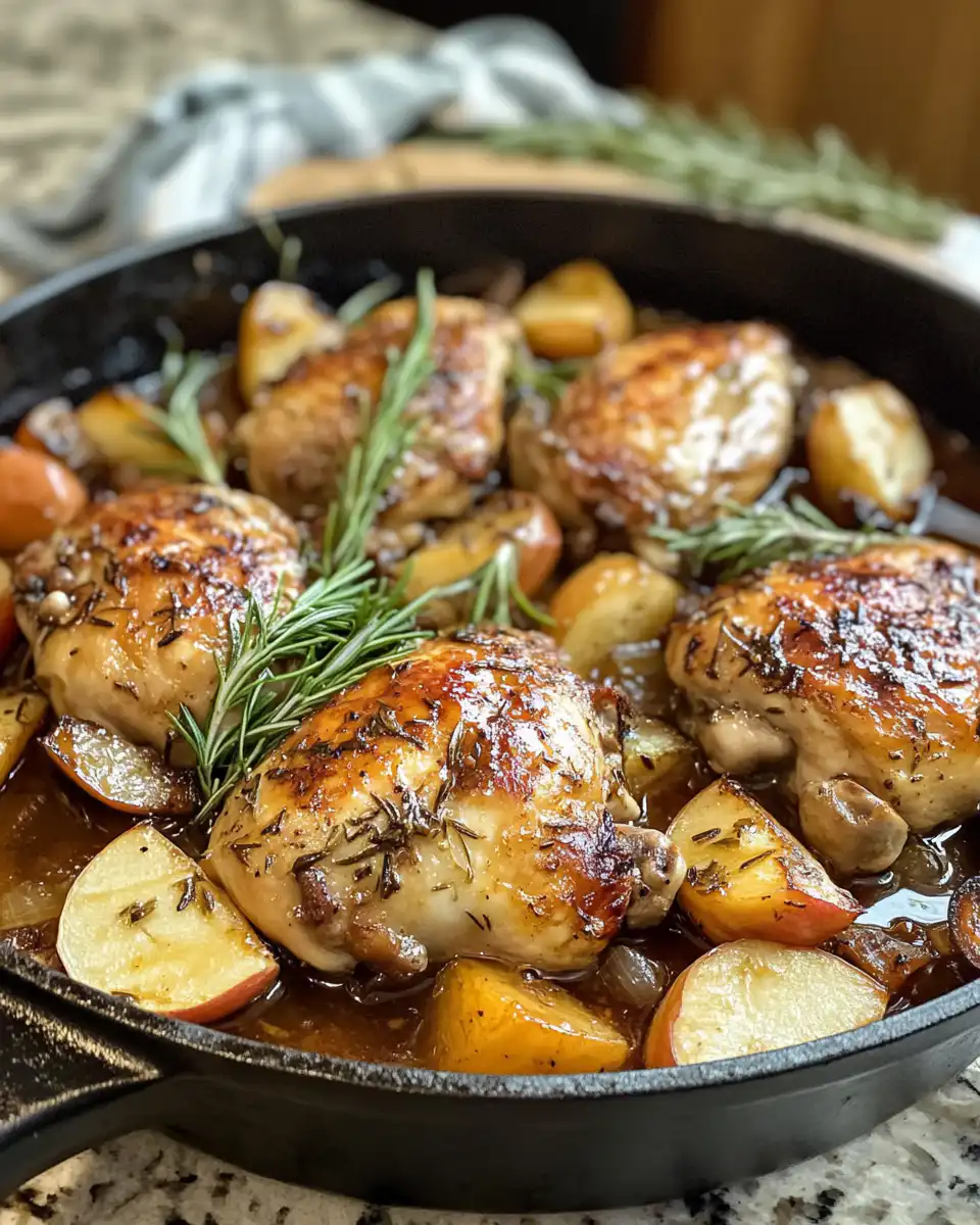 Warm plated rosemary apple cider chicken showcasing tender chicken thighs with apple slices