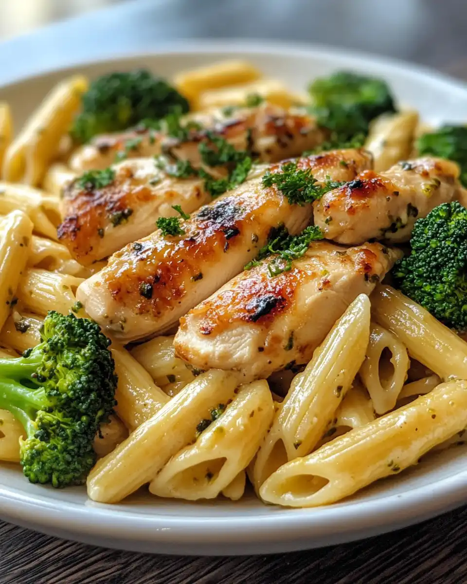 Finished plated rotisserie chicken broccoli pasta served and garnished