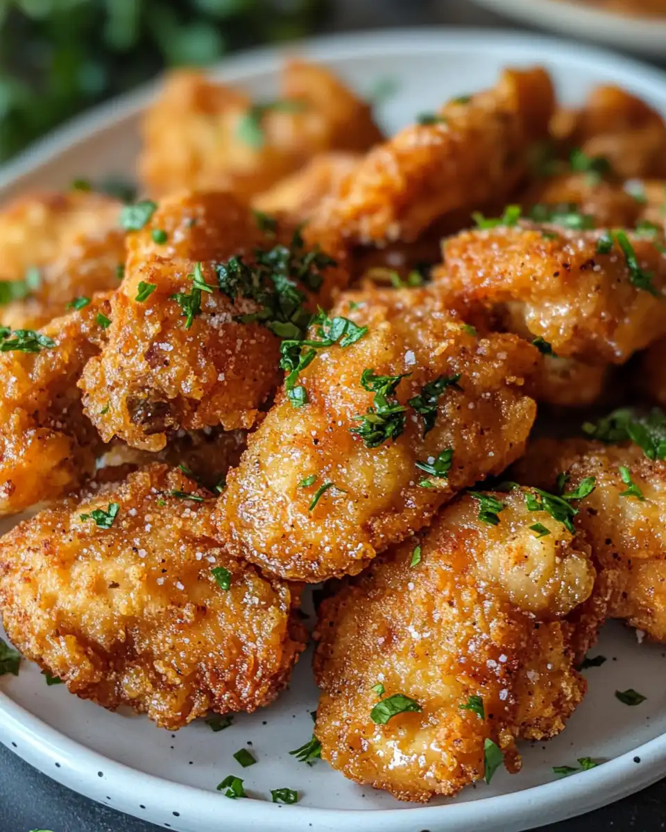 Plate of finished Salt and Pepper Chicken with garnish ready to serve