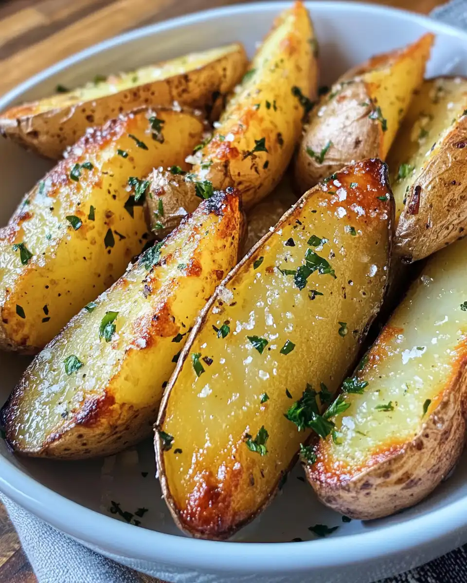 Golden brown and crispy salt and vinegar broiled fingerling potatoes ready to serve