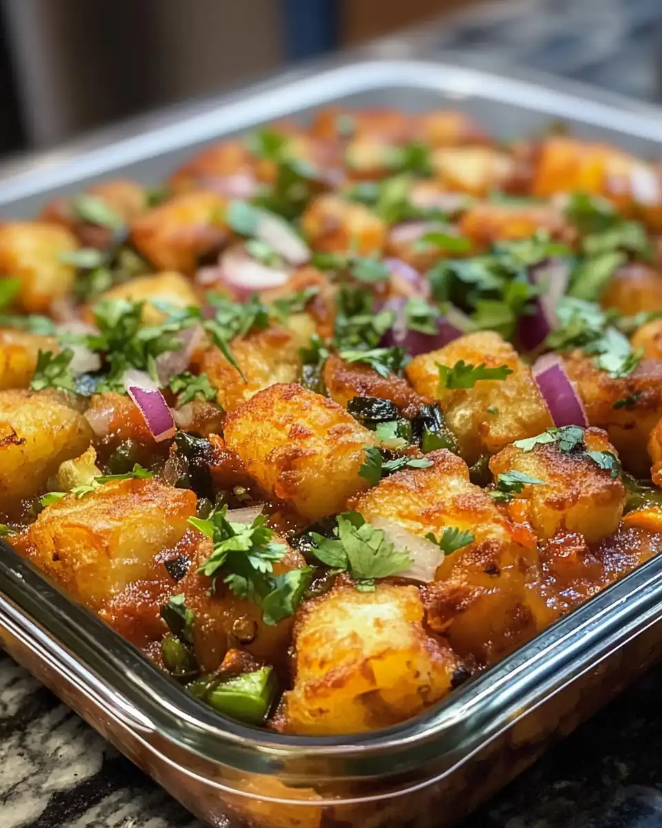 Finished tater tot hotdish served on a plate ready to eat