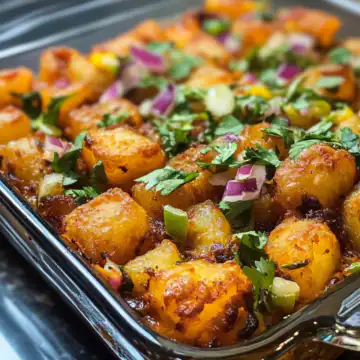 Samosa Chaatdish Tater Tot Hotdish Recipe taken with iphone 15 pro max --iw 2 --ar 4:5 --v 6.1 --raw