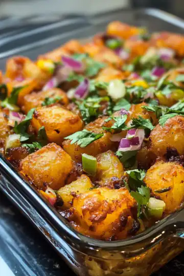 Samosa Chaatdish Tater Tot Hotdish Recipe taken with iphone 15 pro max --iw 2 --ar 4:5 --v 6.1 --raw
