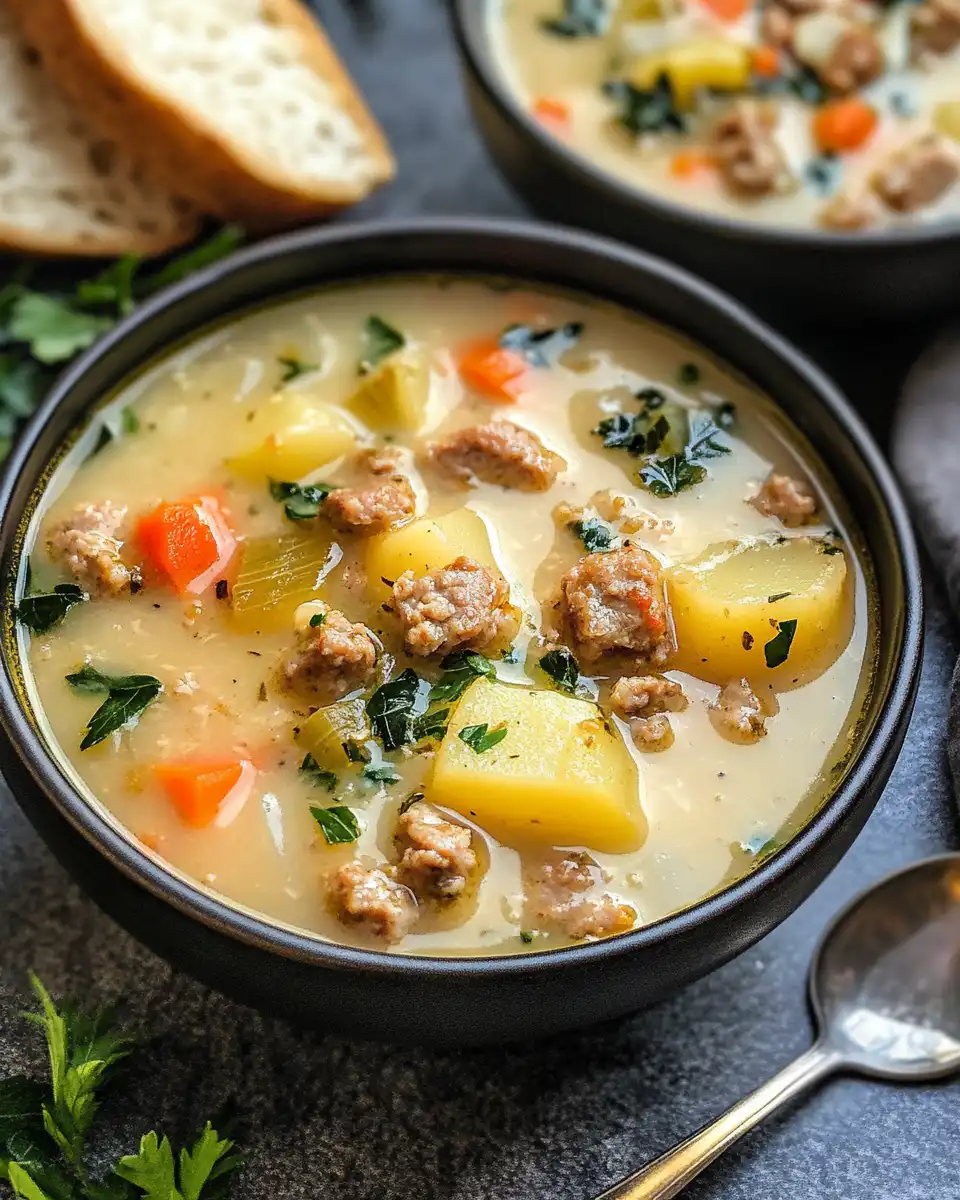 Plated sausage and potato dish with parmesan topping