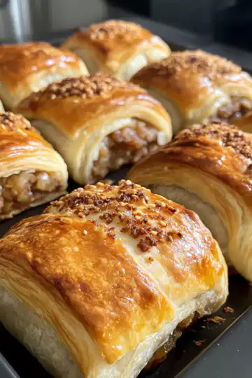 Savory French Onion Sausage Rolls Golden Flaky taken with iphone 15 pro max --iw 2 --ar 4:5 --v 6.1 --raw