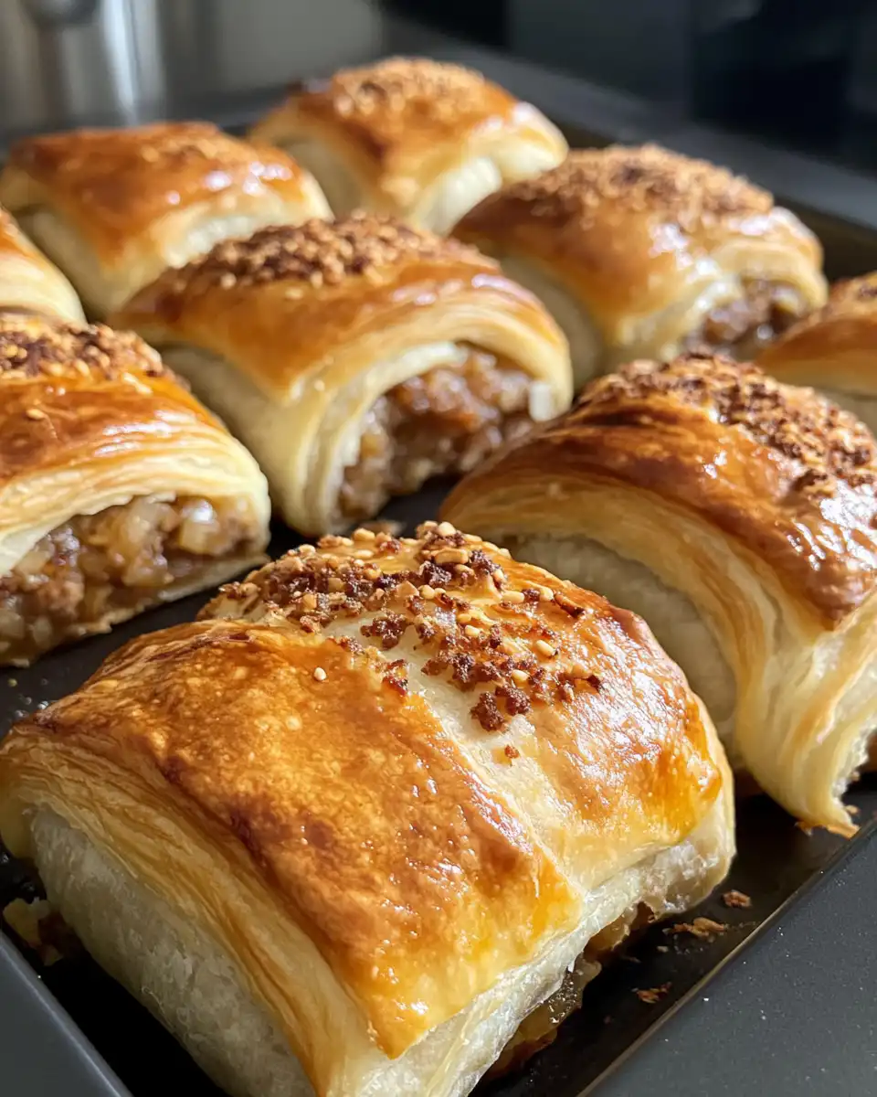 Golden flaky crust with caramelized onions and melted cheese