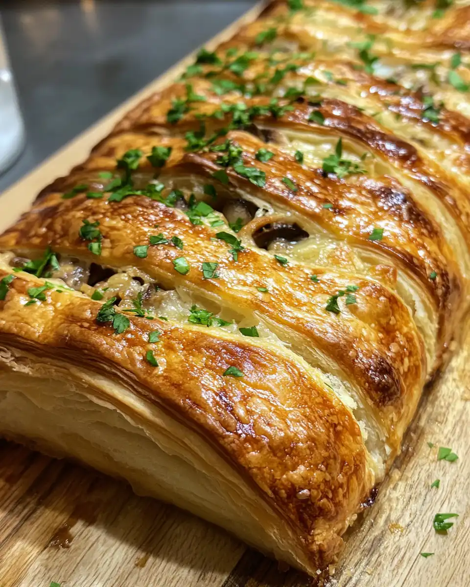 Golden baked savory mushroom brie puff pastry strudel sliced and ready to serve