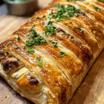Savory Mushroom Gruyere Puff Pastry Braid taken with iphone 15 pro max --iw 2 --ar 4:5 --v 6.1 --raw
