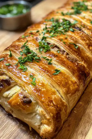 Savory Mushroom Gruyere Puff Pastry Braid taken with iphone 15 pro max --iw 2 --ar 4:5 --v 6.1 --raw