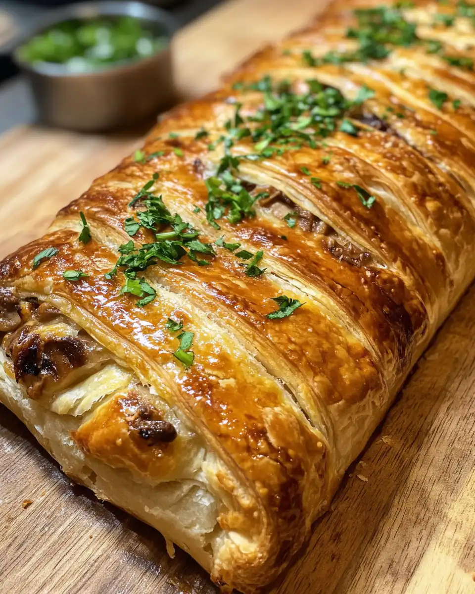 Savory mushroom and brie puff pastry braid ready for baking