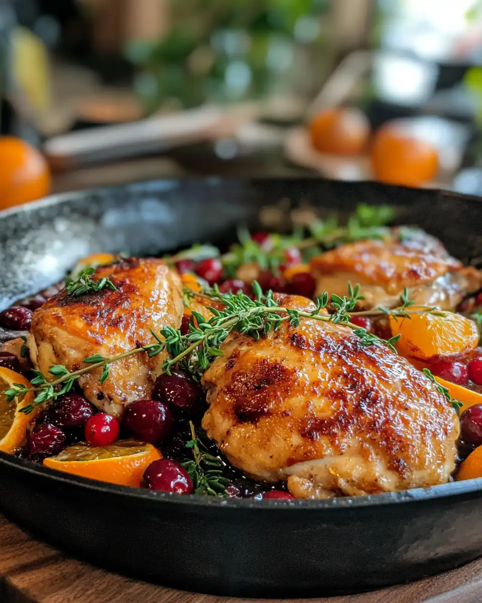 Cranberries and citrus simmering in skillet for sauce preparation