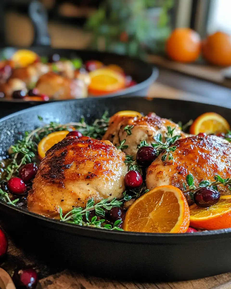 Plated cranberry orange chicken garnished with orange slices, ready to serve