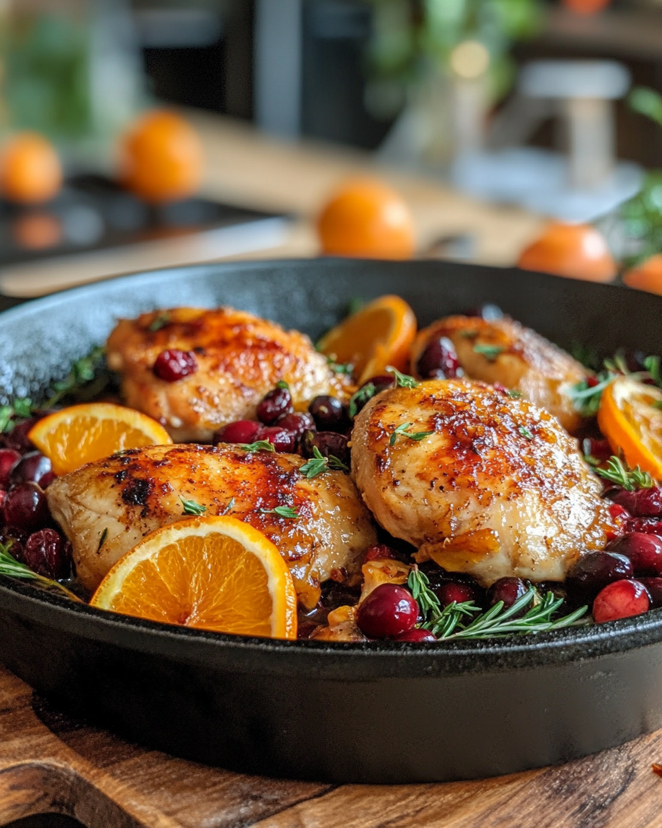 Skillet with seared cranberry orange chicken during cooking
