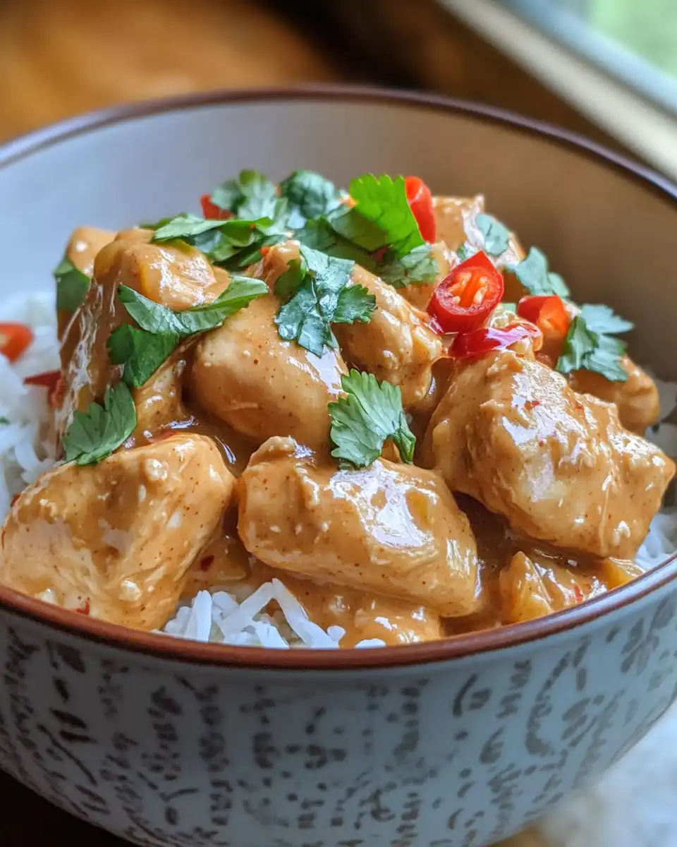 Served slow cooked Thai peanut chicken garnished with peanuts and cilantro