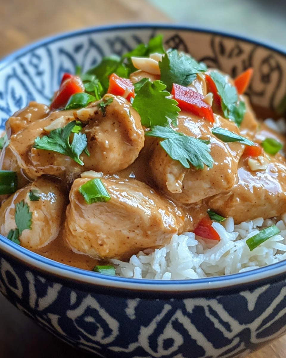 Slow cooked Thai peanut chicken simmering in pot with valve hiss
