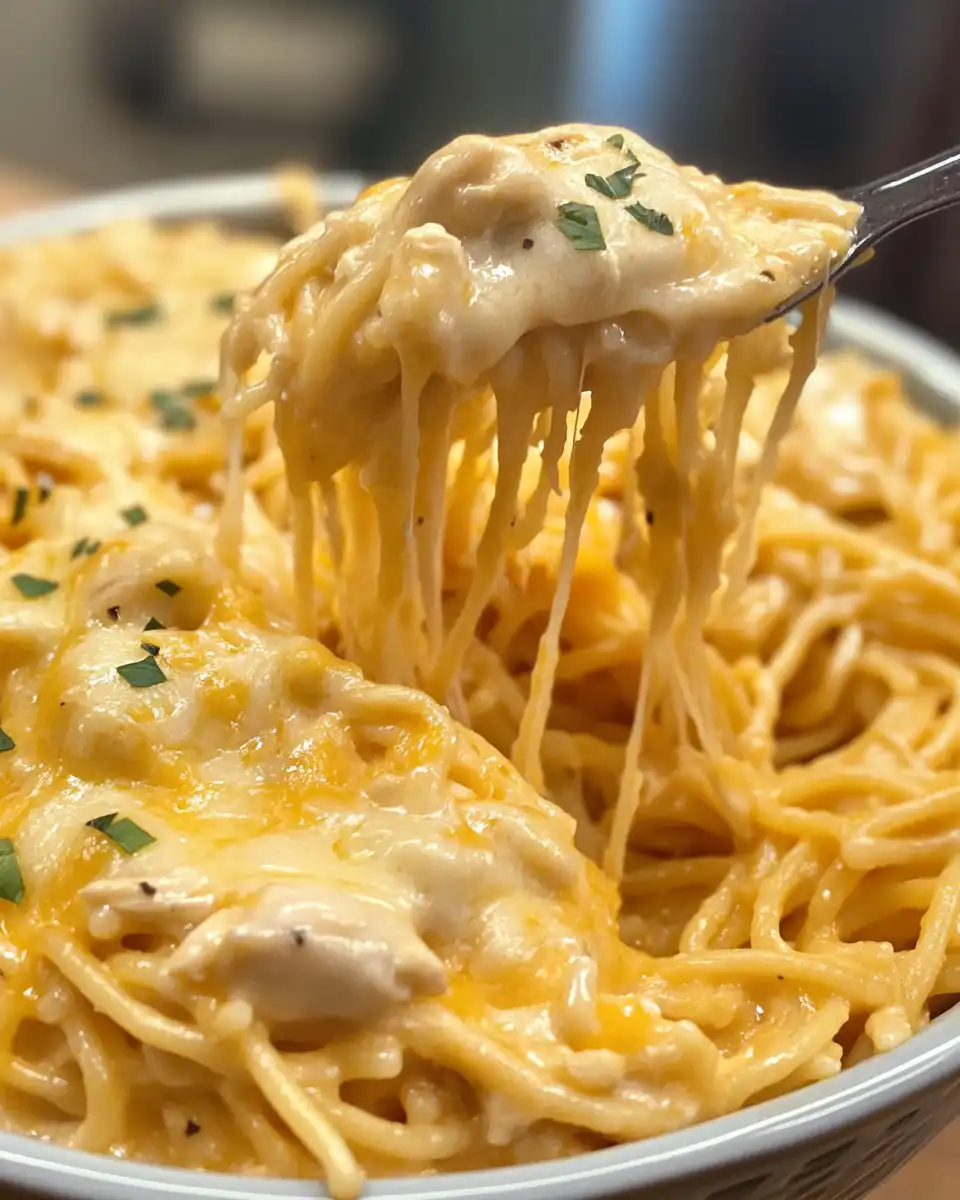 Served slow cooker Amish cheesy chicken spaghetti on plate