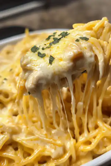 Slow Cooker Amish Cheesy Chicken Spaghetti taken with iphone 15 pro max --iw 2 --ar 4:5 --v 6.1 --raw