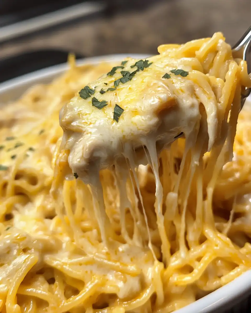 Slow cooker with cheesy chicken spaghetti preparing