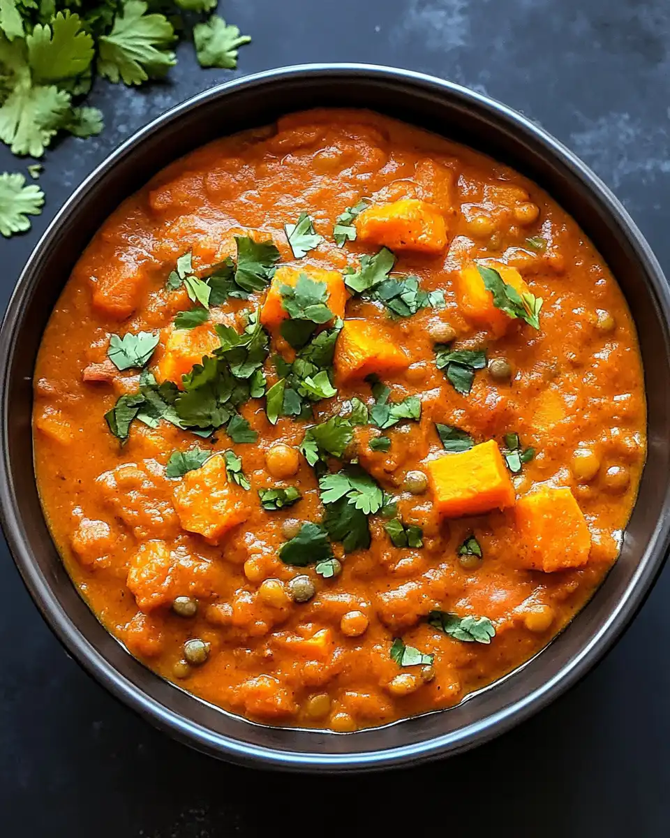 Close up of slow cooker sweet potato and lentil tikka masala served in bowl with garnish
