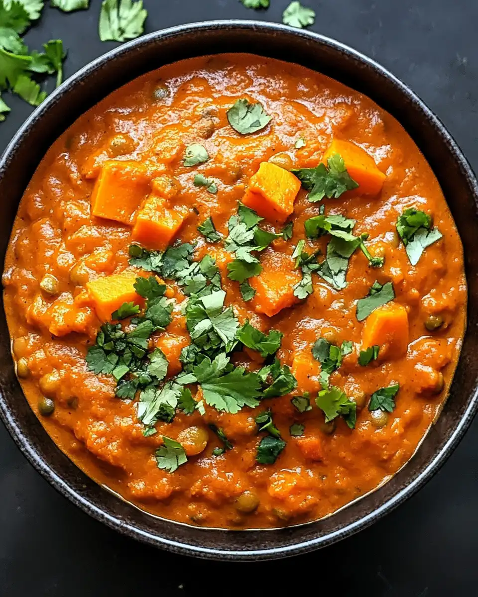 Slow cooker sweet potato and lentil tikka masala in pot releasing steam