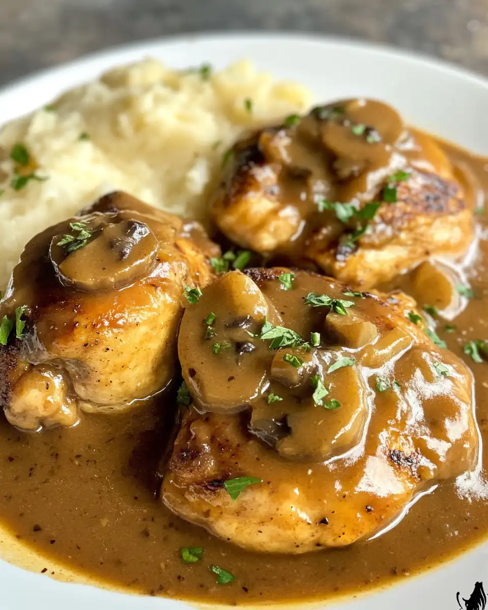 Tender chicken thighs smothered in creamy onion gravy ready to serve