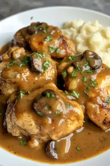 Smothered Chicken Thighs Gravy taken with iphone 15 pro max --iw 2 --ar 4:5 --v 6.1 --raw