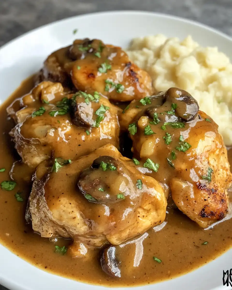 Golden seared chicken thighs cooking in pressure cooker with rich gravy starting to form