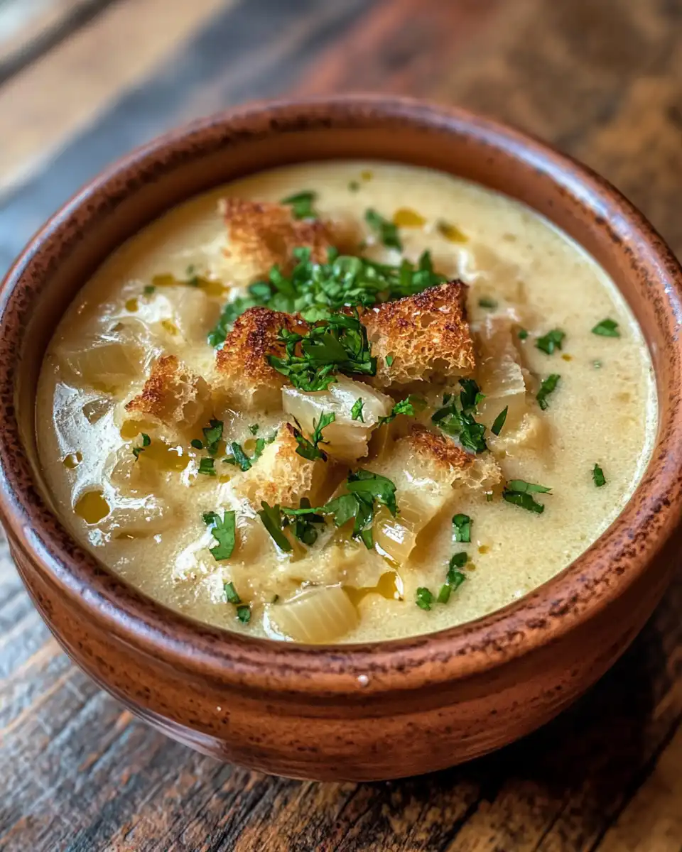 Bowl of finished Spanish garlic soup with egg ribbons and pieces of tofu bread