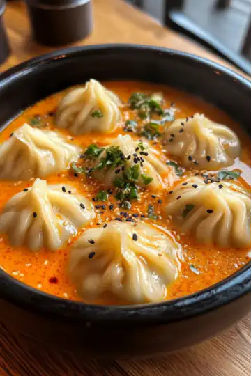 Soup Dumplings In Creamy Gochujang Sauce taken with iphone 15 pro max --iw 2 --ar 4:5 --v 6.1 --raw