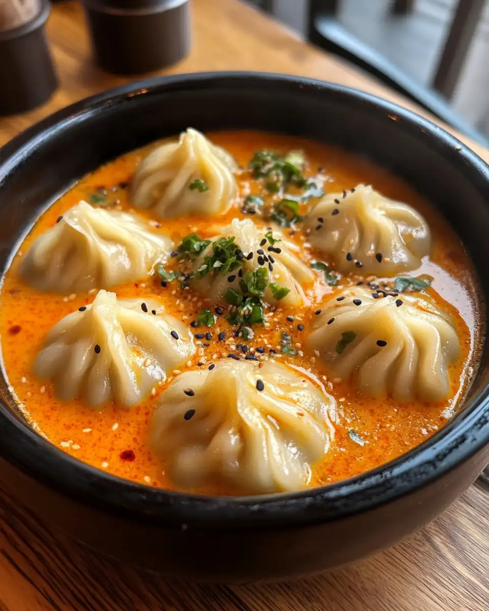 Soup dumplings in creamy gochujang sauce steaming fresh