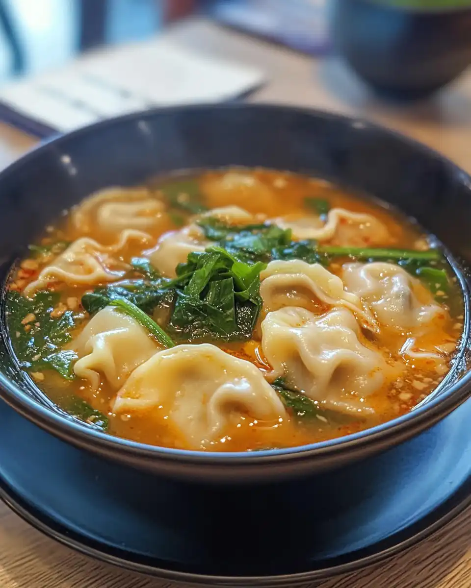 Serving bowl filled with Thai ravioli soup garnished with fresh coriander and chili