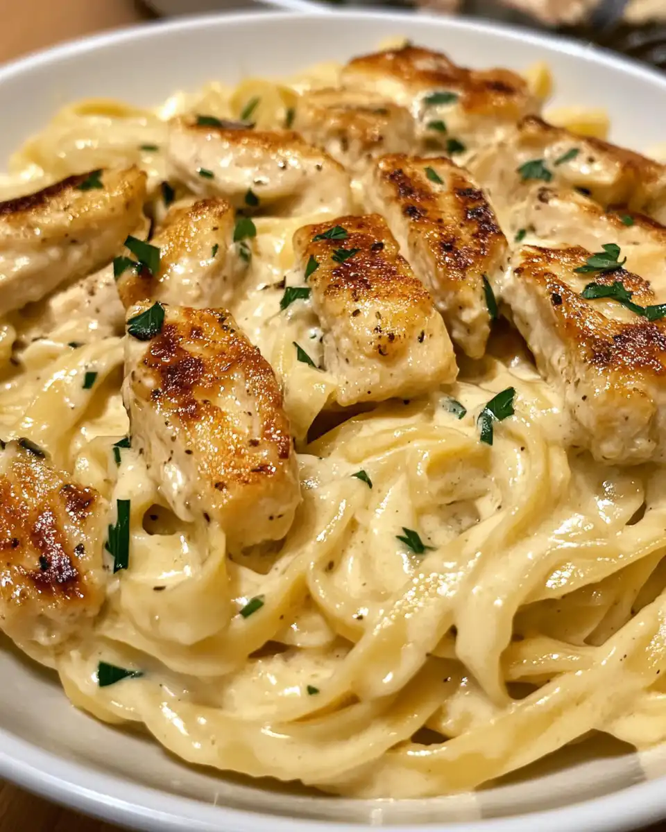 Plated Southwest Chicken Alfredo sprinkled with cheese and herbs, ready to enjoy