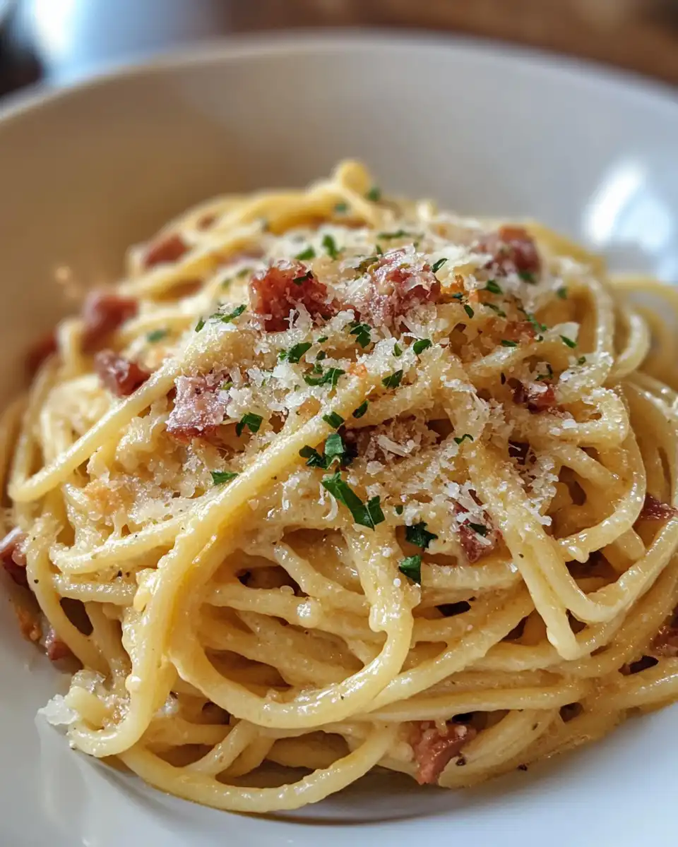 Close up of finished spaghetti carbonara with bacon and parsley garnish