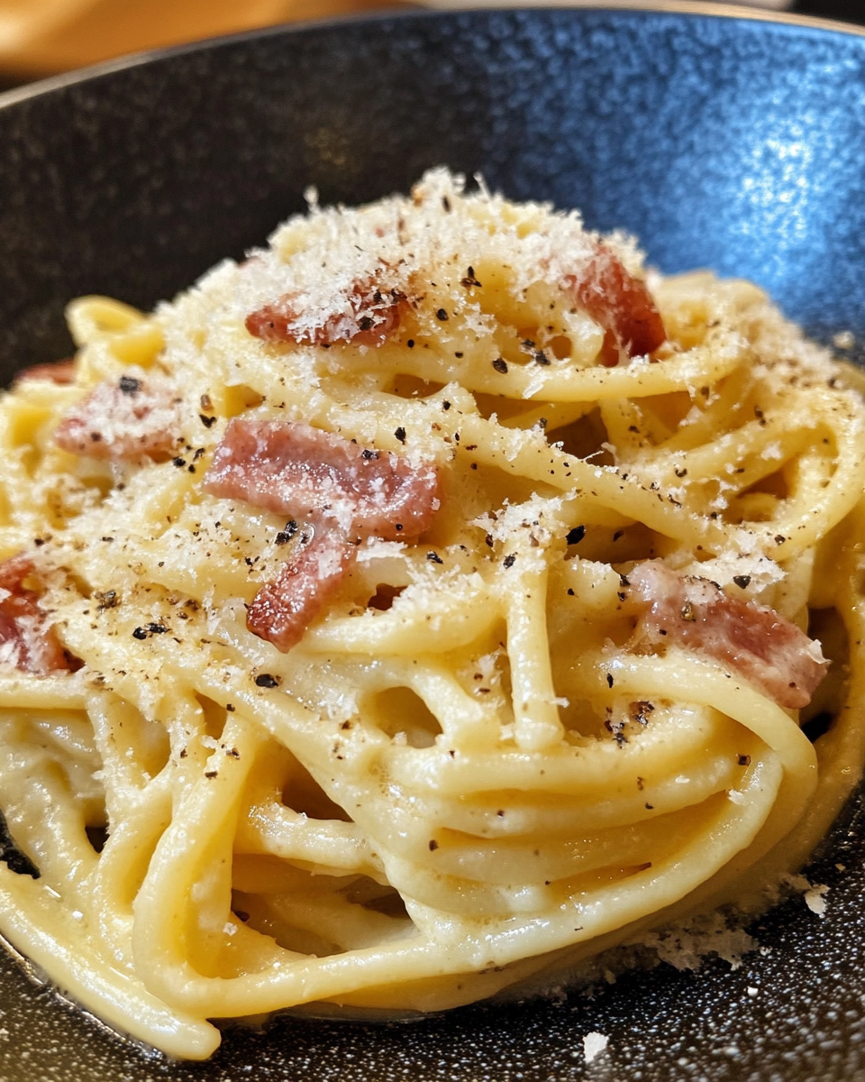 Close-up of creamy spaghetti carbonara in pressure cooker