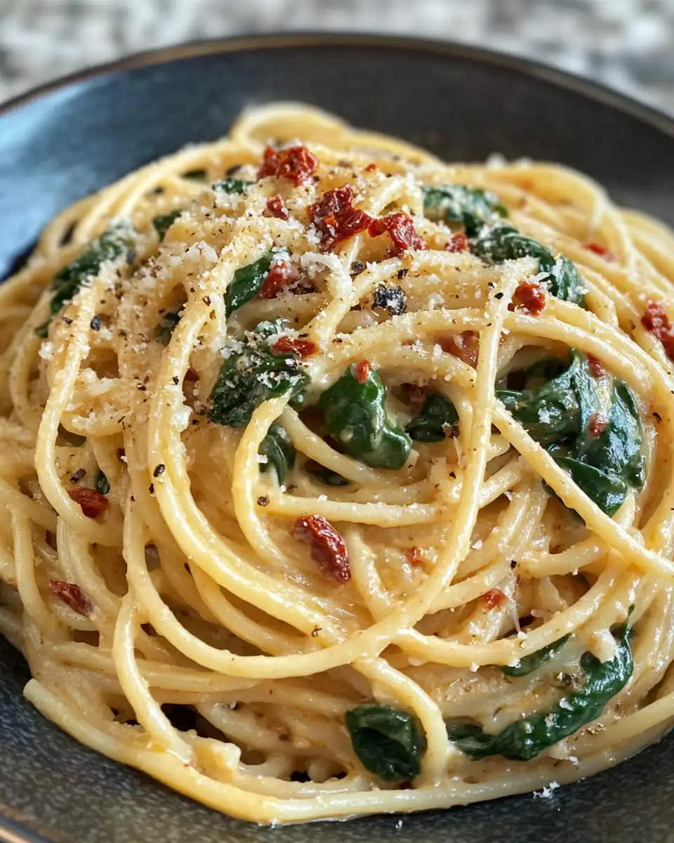 Ingredients for creamy sun-dried tomato spinach linguine clearly laid out on kitchen counter