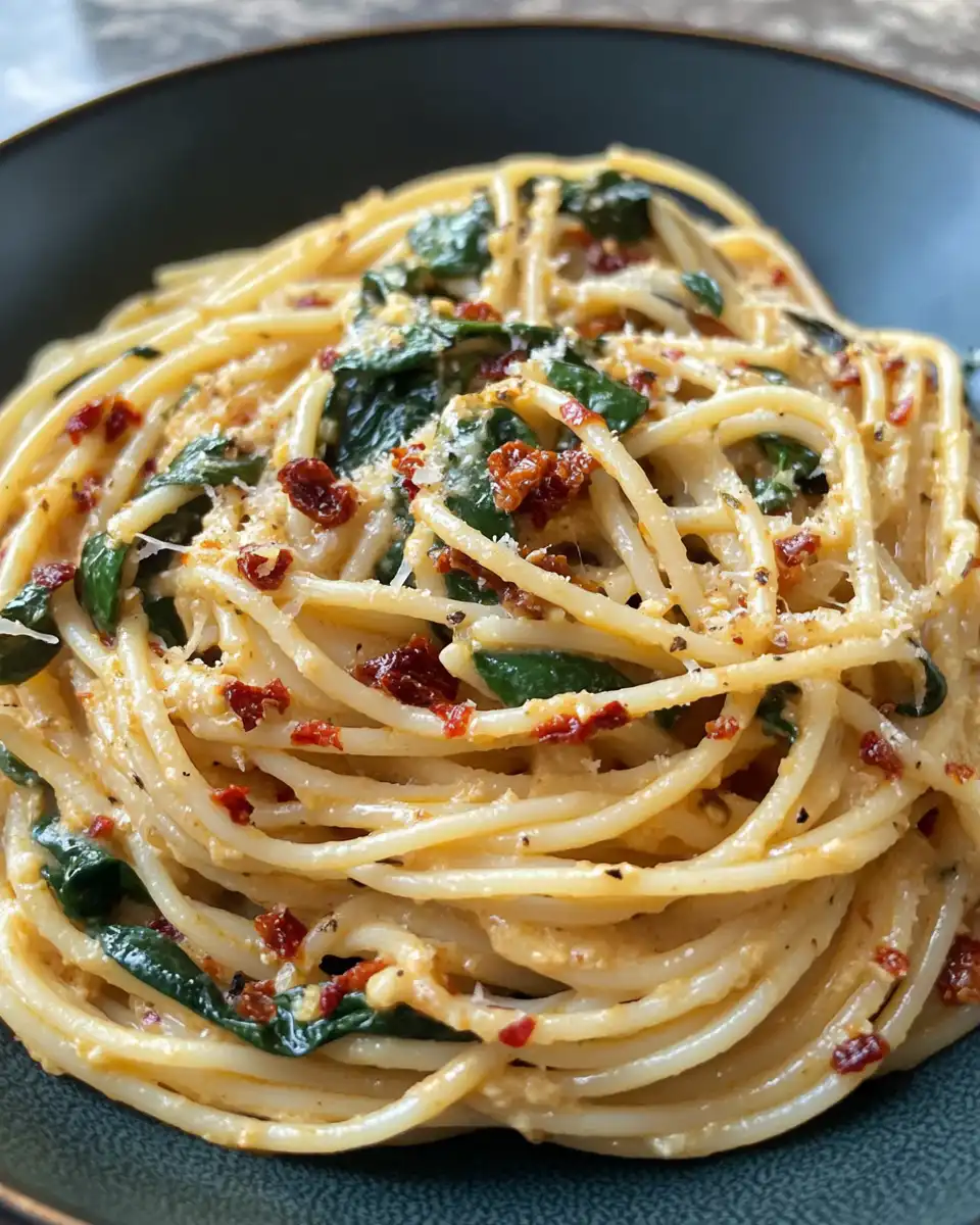 Final plated creamy linguine pasta with spinach and sun-dried tomato cream sauce garnished with fresh basil