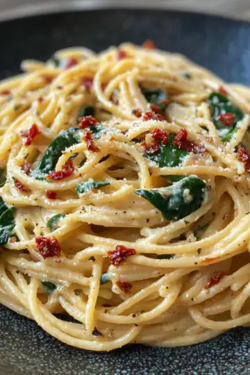 Spaghetti Spinach With Sun Dried Tomato Cream Sauce taken with iphone 15 pro max --iw 2 --ar 4:5 --v 6.1 --raw