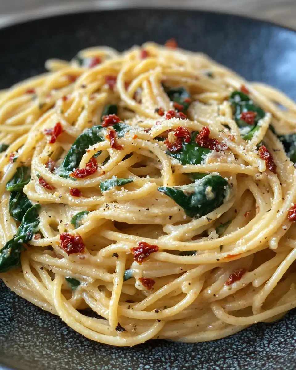 Close-up of creamy linguine pasta with spinach and sun-dried tomato cream sauce stirring in pressure cooker