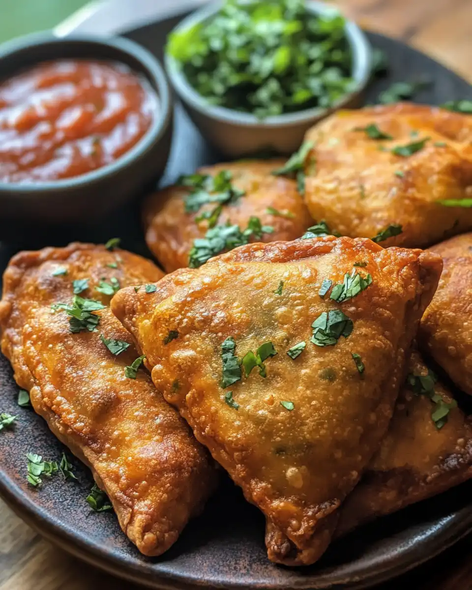 Golden crispy fried spiced samosa patties fresh out of the skillet