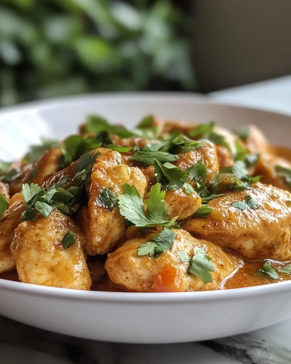 Serving of spicy Brazilian coconut chicken garnished with fresh parsley