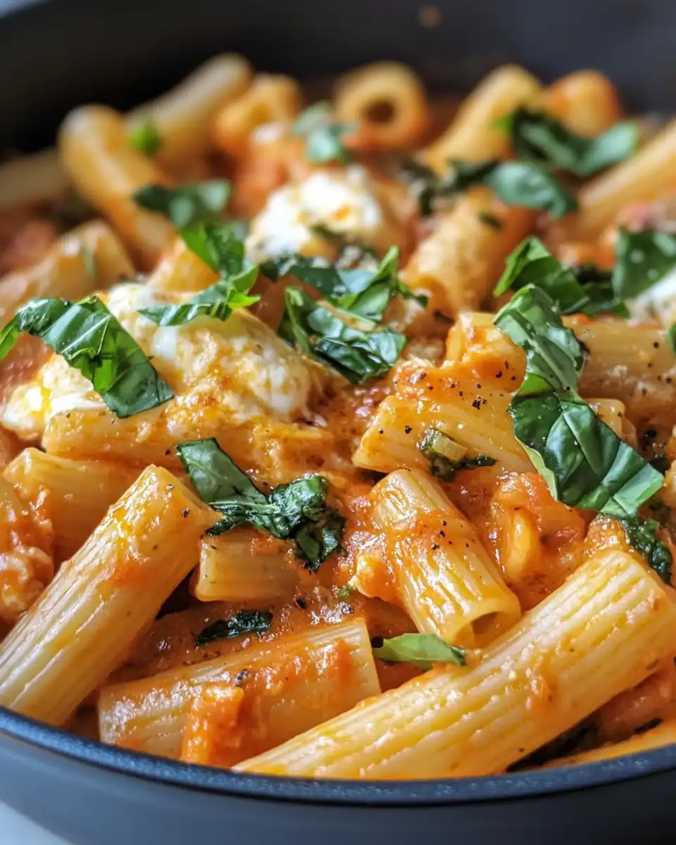 Finished dish of spicy burrata rigatoni with fresh basil on top
