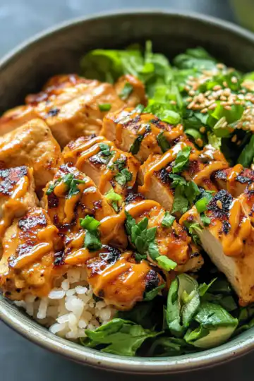 Spicy Honey Ginger Chicken Bowls With Yum Yum Sauce taken with iphone 15 pro max --iw 2 --ar 4:5 --v 6.1 --raw