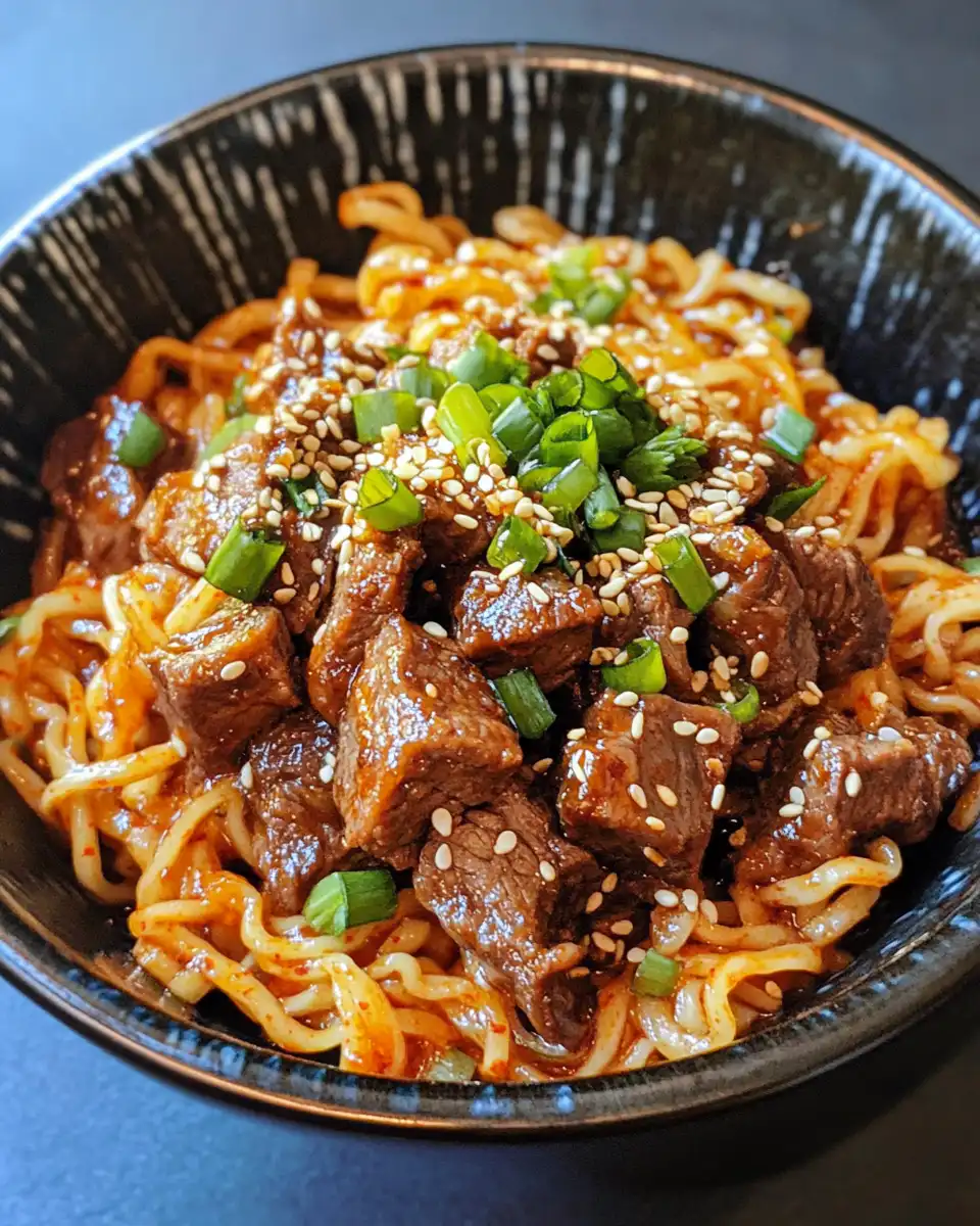 Bowl of spicy Korean gochujang beef noodles ready to serve