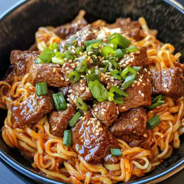 Spicy Korean Gochujang Beef Noodles taken with iphone 15 pro max --iw 2 --ar 4:5 --v 6.1 --raw