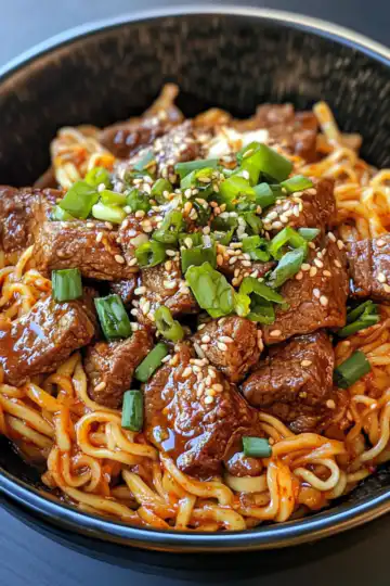 Spicy Korean Gochujang Beef Noodles taken with iphone 15 pro max --iw 2 --ar 4:5 --v 6.1 --raw