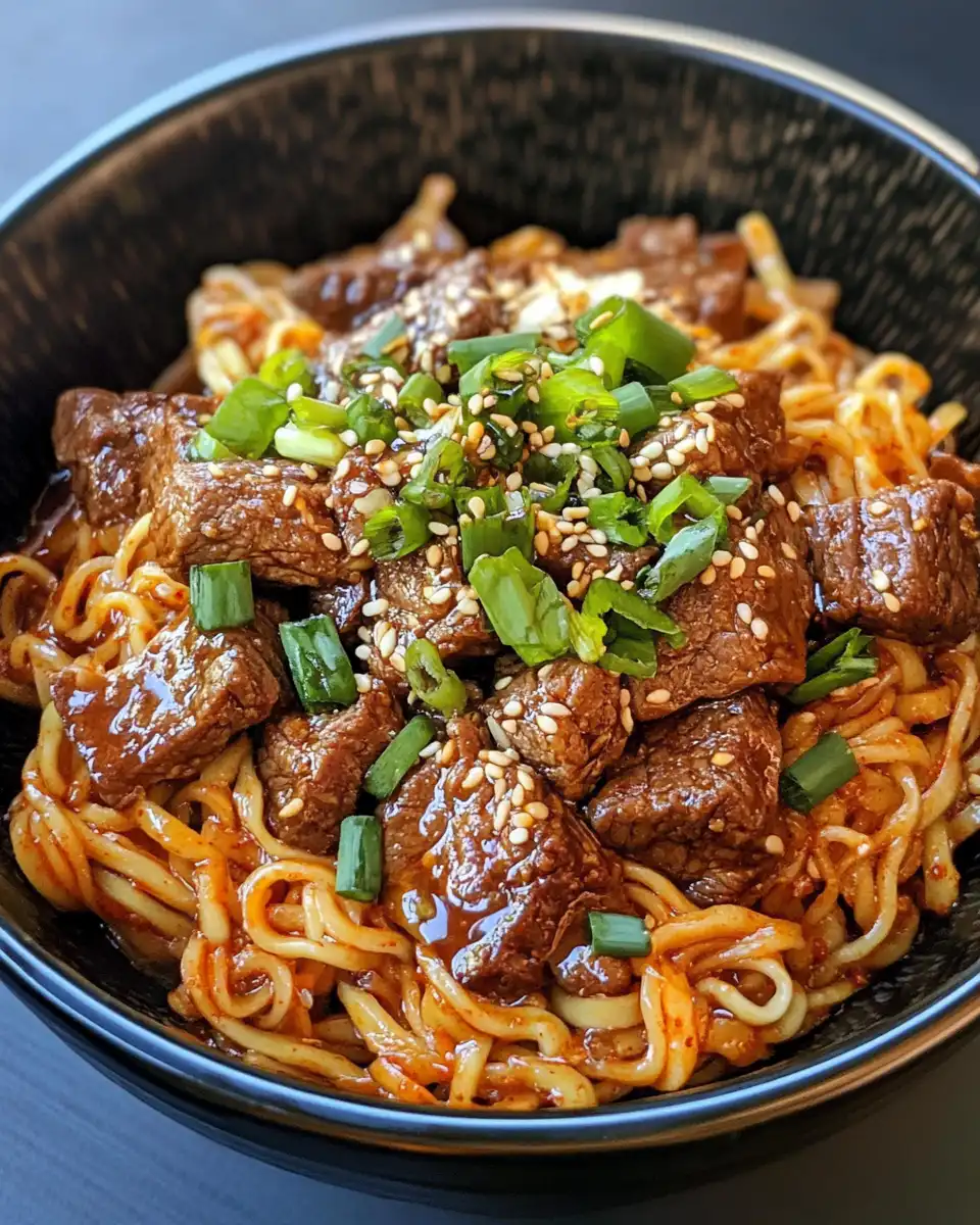 Spicy Korean gochujang beef noodles cooking in pressure cooker