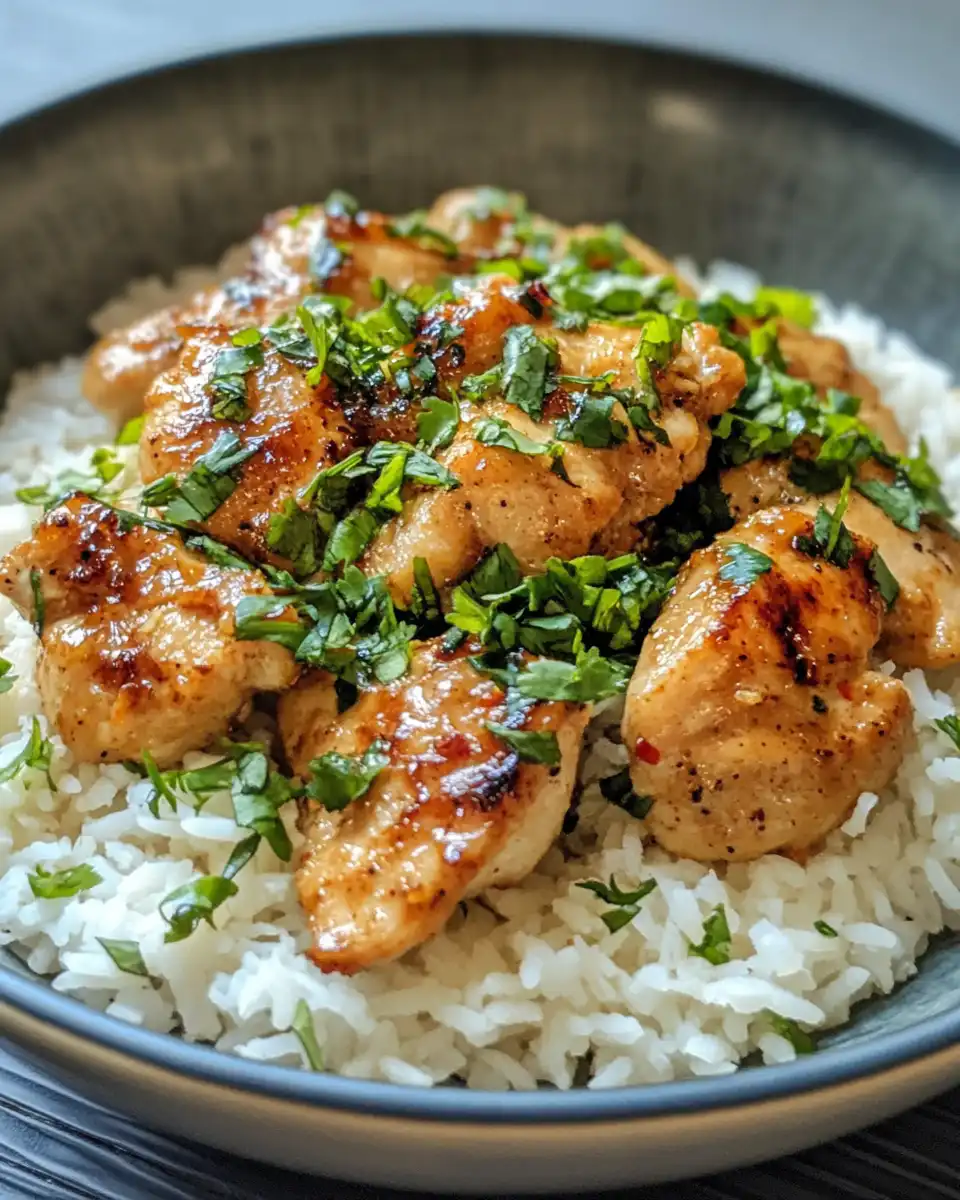 Served spicy maple chicken on coconut rice garnished with cilantro