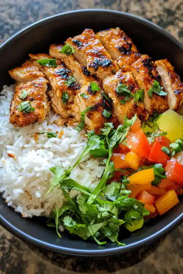 Spicy Maple Chicken Coconut Rice taken with iphone 15 pro max --iw 2 --ar 4:5 --v 6.1 --raw